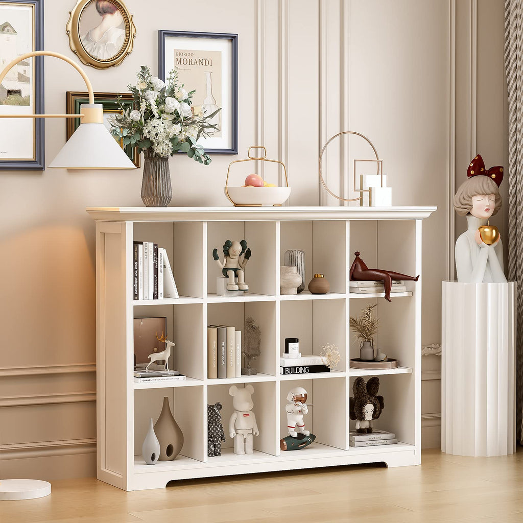 12-Cube Open Bookcase with Base, 3-Tier Wooden Bookshelf, White