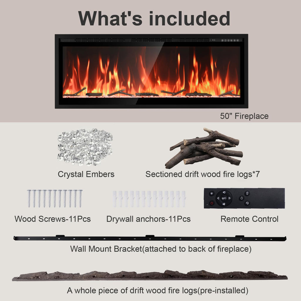 Smart 50" Ultra Thin Linear Electric Fireplace, WiFi & Alexa Smart Control