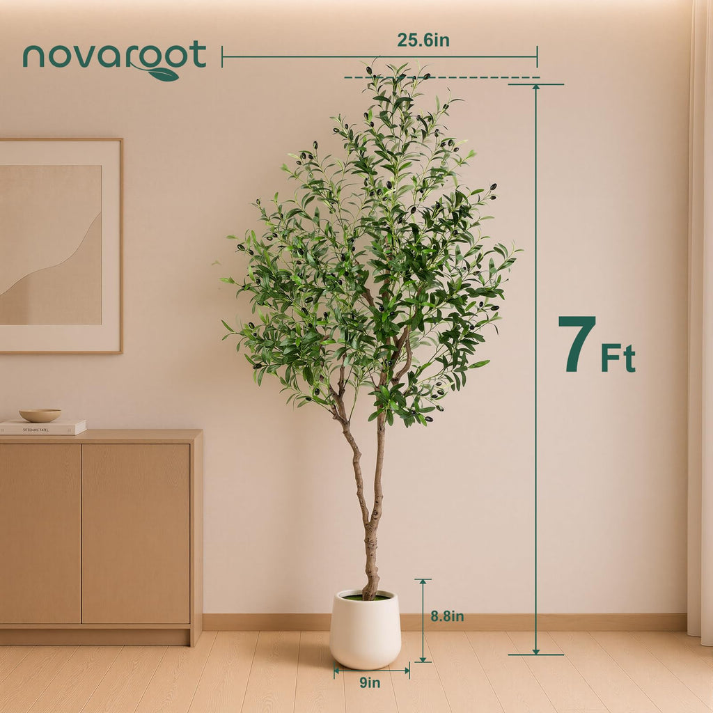 7FT Faux Olive Tree with Decorative Planter, Olive Trees Artificial Indoor with Textured Trunk, Silk Leaves and Olive