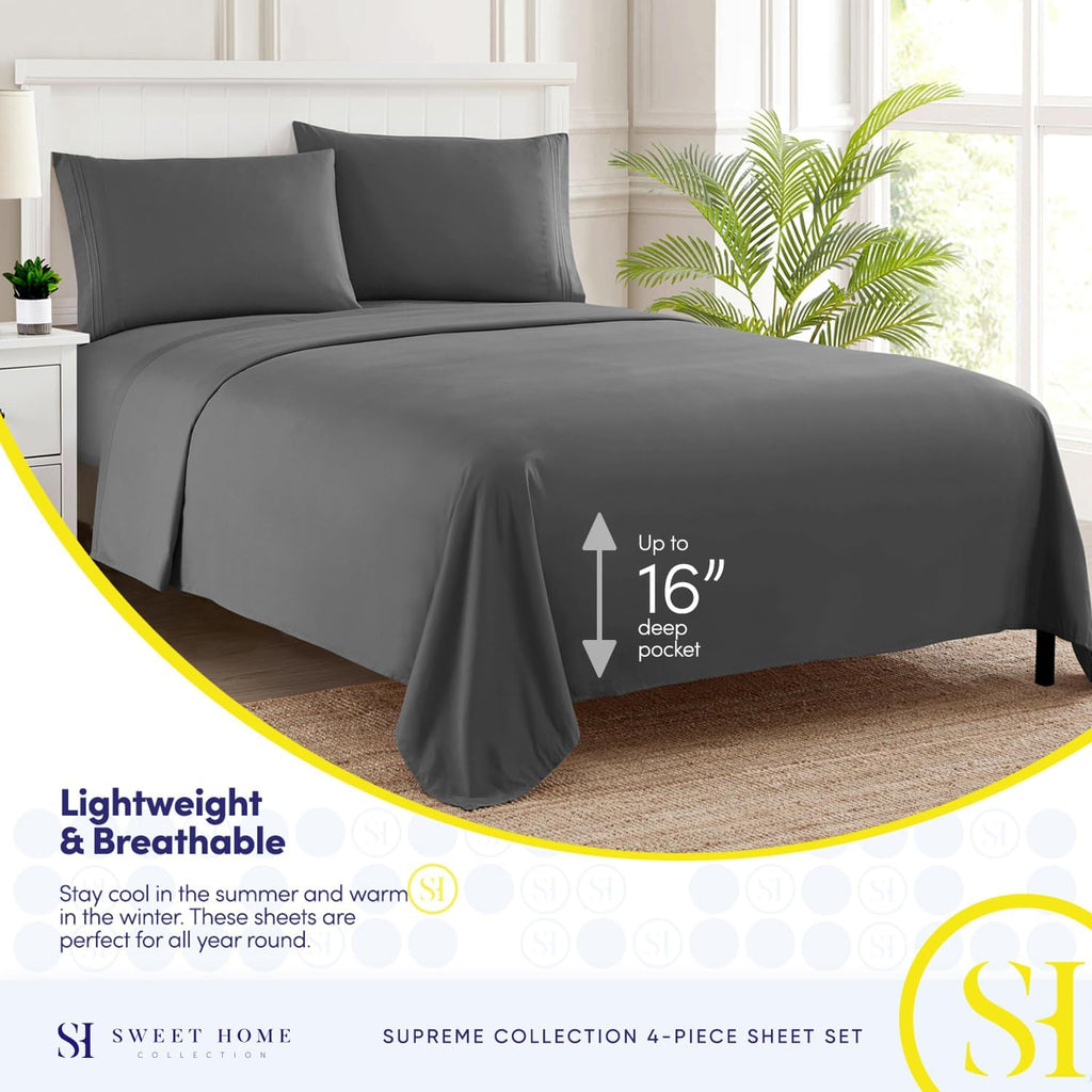 King Sheets - Breathable Luxury Bed Sheets with Full Elastic & Secure Corner Straps Built In - 1800 Supreme