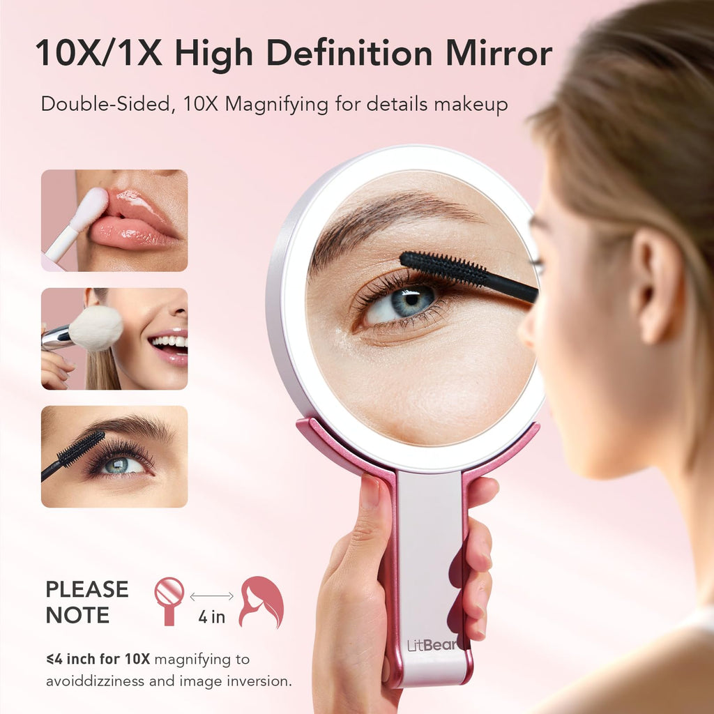 Travel Makeup Mirror with Lights, Rechargeable Double-Sided 10X/1X Magnifying Mirror, Portable Lighted Beauty Mirror