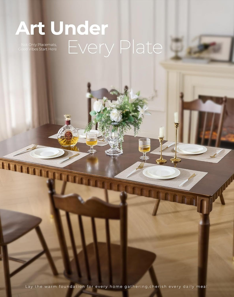 Woven Vinyl Beige Placemats - Linen Look & Easy to Clean - Set of 6