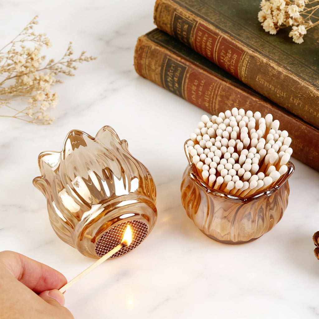 Glass Candlestick Holders,Match Holder with Striker x 4,Match Box,Matchstick Holder Jar for Scented Candle on Dining - Set of 2