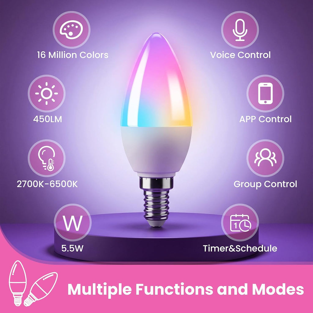 4 Pack E12 Smart Bulbs, Compatible with Alexa&Google Home