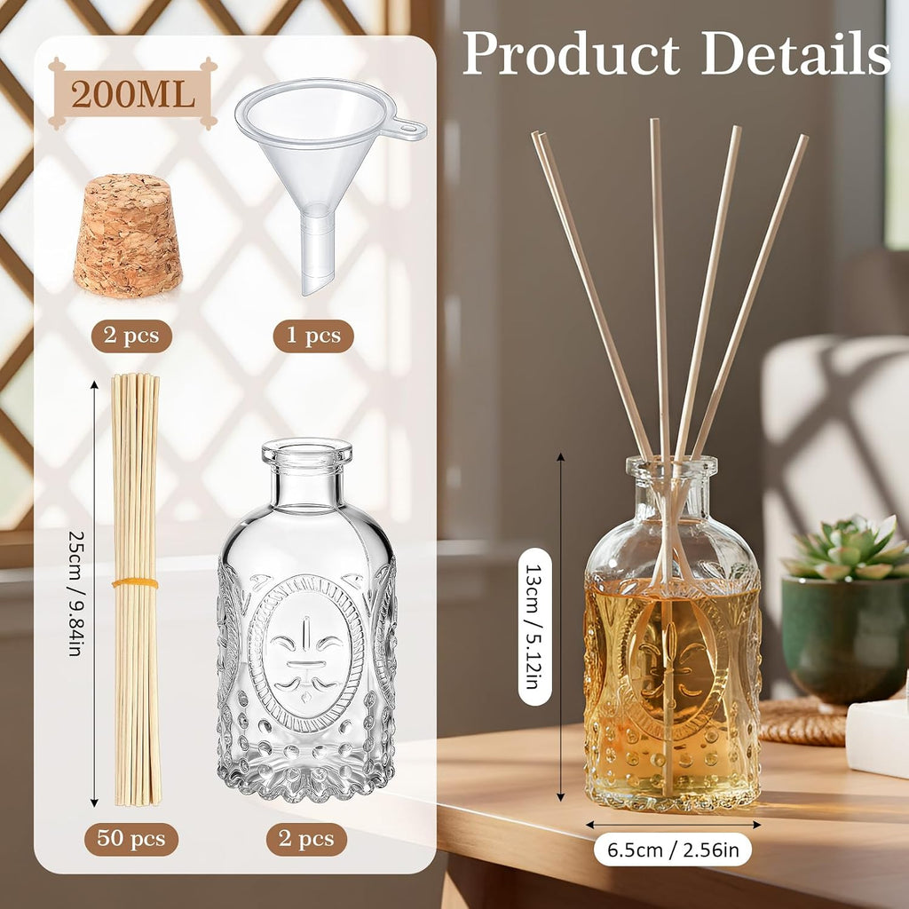 Set Glass Reed Diffusers Bottles Vintage Design Embossed Fleur - Set of 2