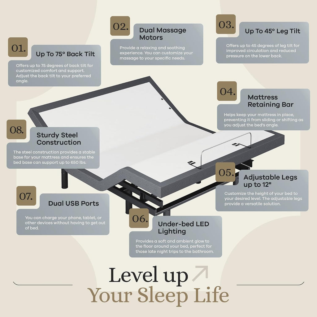 Classic Adjustable Bed Base, Head and Foot Lift, Massage, Under-Bed Lights, USB, Gel Memory, Zero Gravity Smart Frame