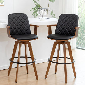 Set of 2 Bar Height Bar Stools - 29.12 inch Swivel Bar Stools with Curved Back and Arms, Walnut Craftsmanship
