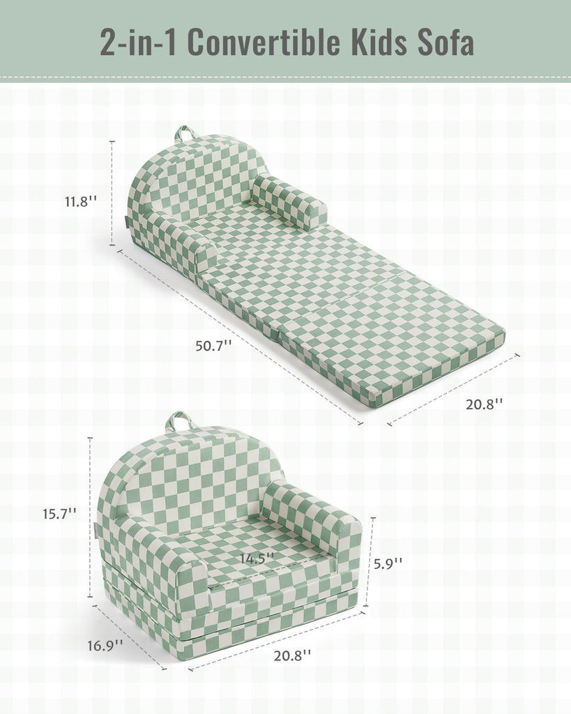 Foldable Kids Couch, in-1 Kids Sofa Chair, Sage Checkered