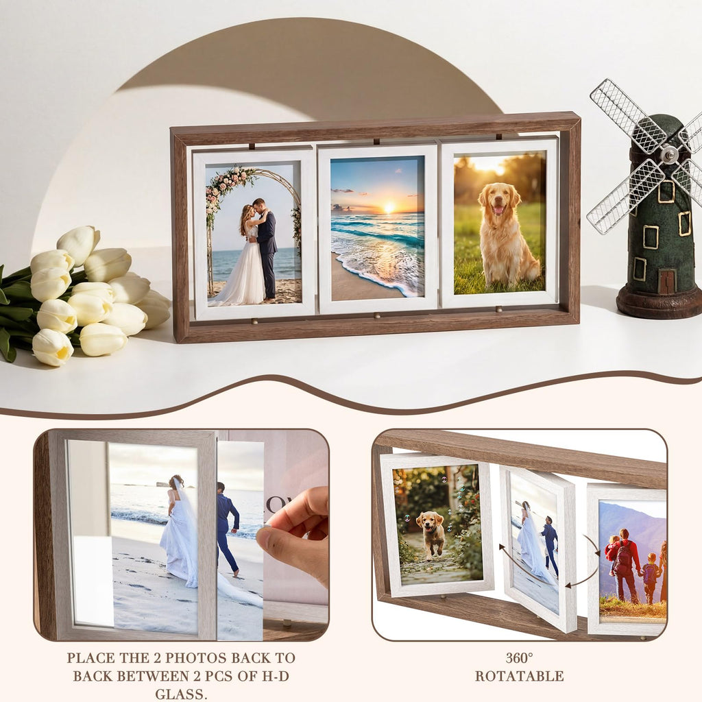2 Pack 4x6 Rotating Picture Frame, Double-sided Display 6 Photos Rustic Wood Hinged Folding Triple Collage Photo