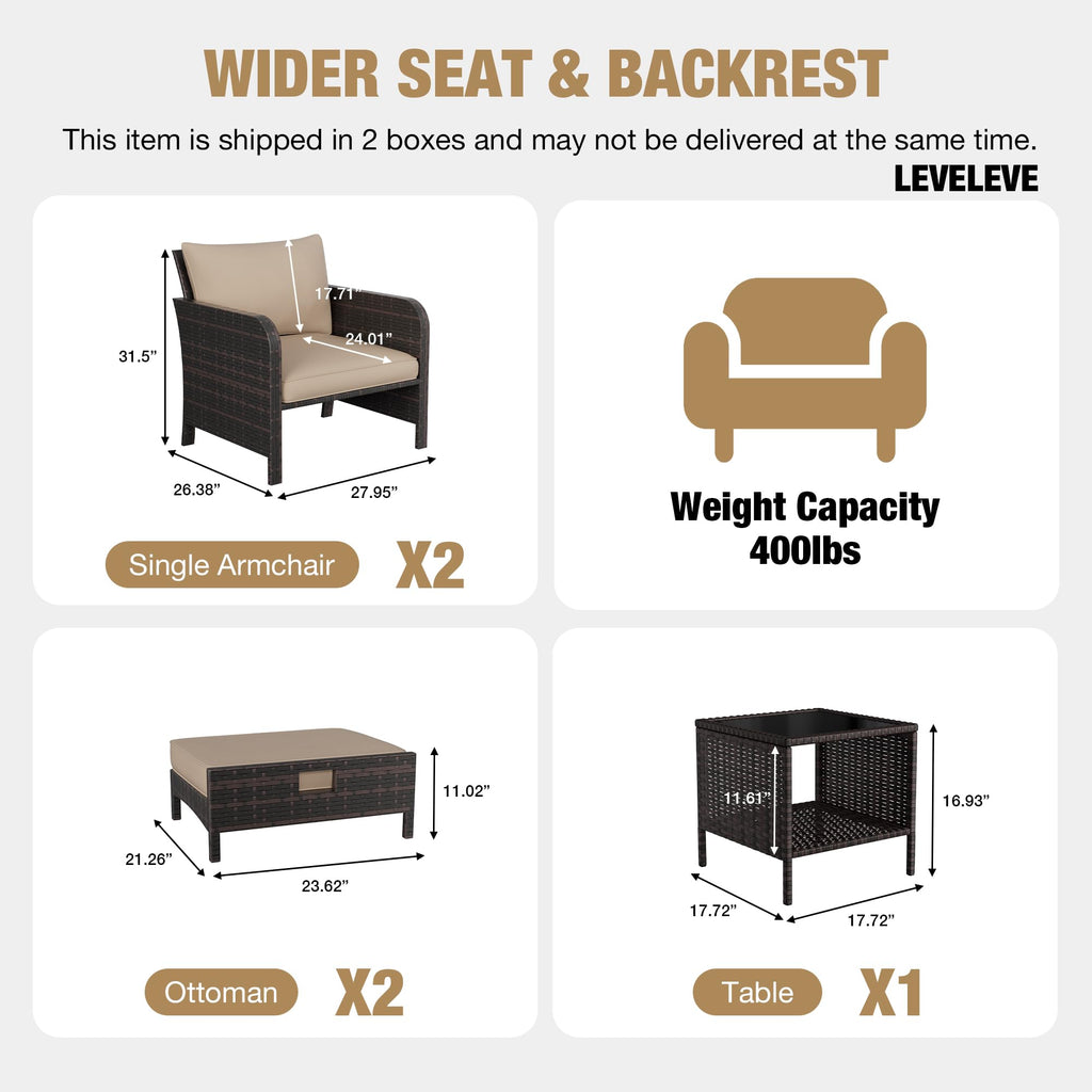 Patio Conversation Set 5 Piece, Balcony Furniture Outdoor PE Rattan Wicker Lounge Chairs with Soft Cushions, 2
