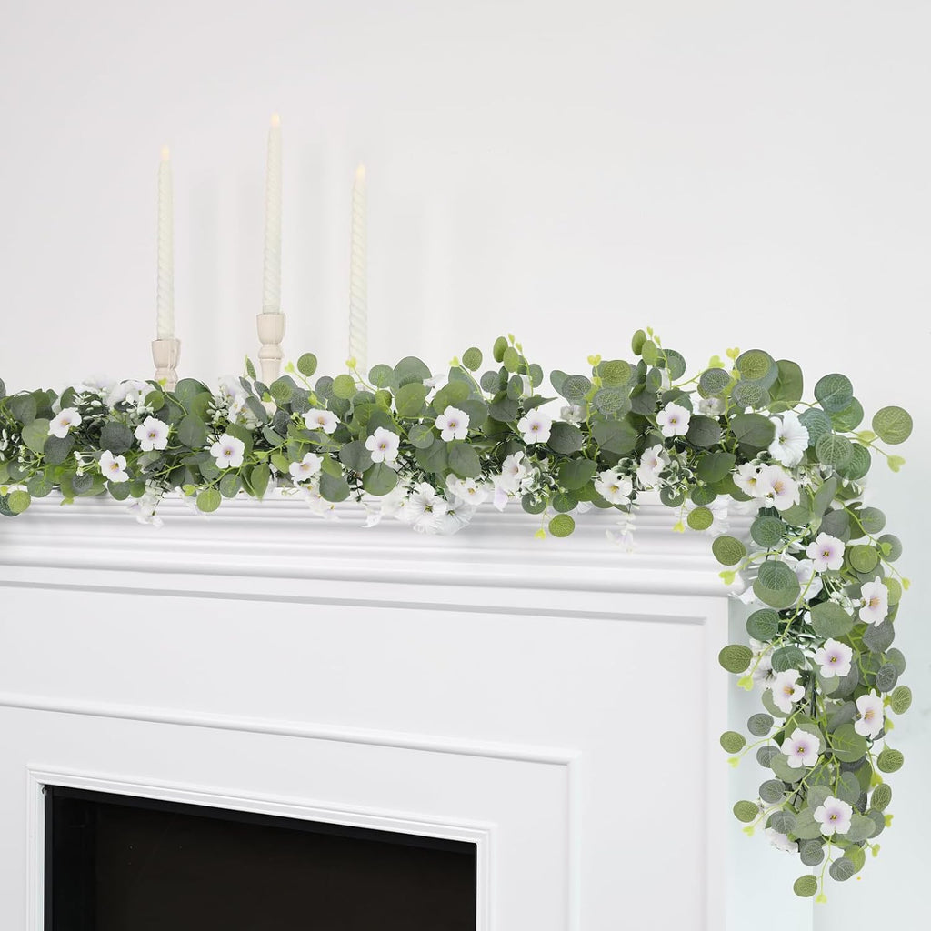Artificial Eucalyptus Garland with Morning Glory Flowers, 2 Pack Faux Eucalyptus Leaves Greenery Garland Hanging - Set of 2