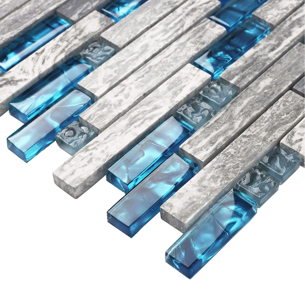 Gray Marble Tile Backsplash 12 in. x 12 in. x 8 mm Teal Blue Glass Mosaic Bathroom Shower Wall Linear Tiles (Pack of