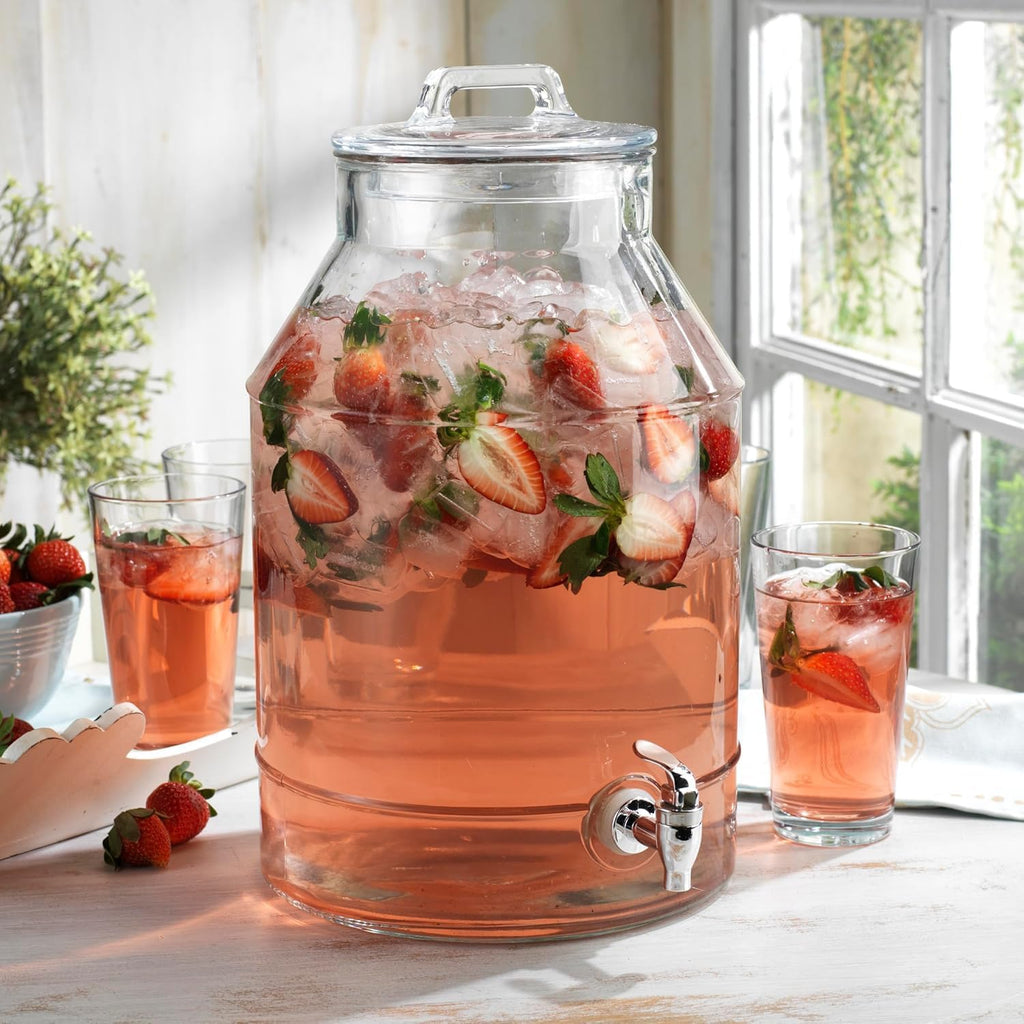 3 Gallon For Parties,Classic Mason Jug Beverage Dispensers With Glass Lid With Handle And 100% Leakproof Spigot.Glass