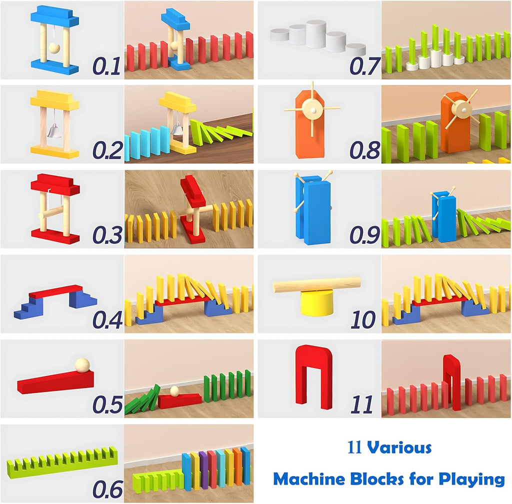 1200 PCS Wooden Dominoes Set with 11 Extra Add-on Domino Blocks & Storage Bag - Bulk Dominos Racing Game for Kids