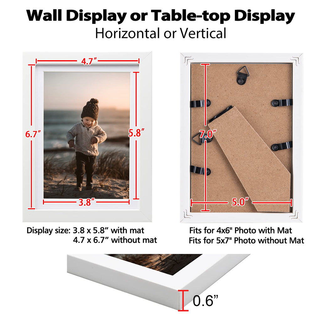 5x7 Picture Frame White Set of 4, Wooden Frames Matted 4x6 for Desk