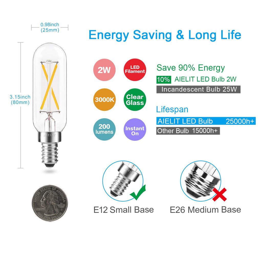 T8 Tubular LED Filament Bulb 2W (25W Equal) E12 Candelabra Base, Dimmable, 3000K Soft White (4 Pack)