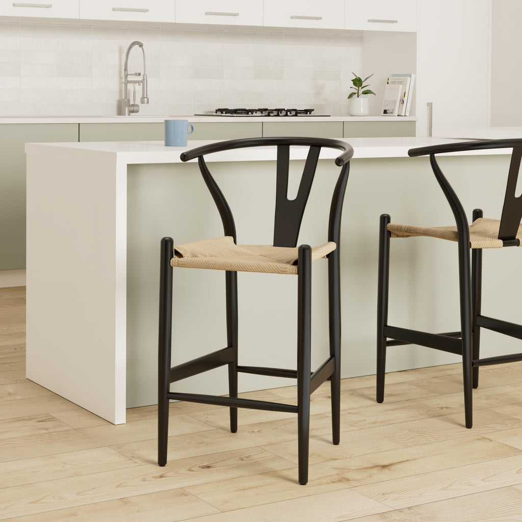Weave Counter Stool, 23" Height - Walnut Beech Wood Frame with Rope Woven Seat, Fully Assembled