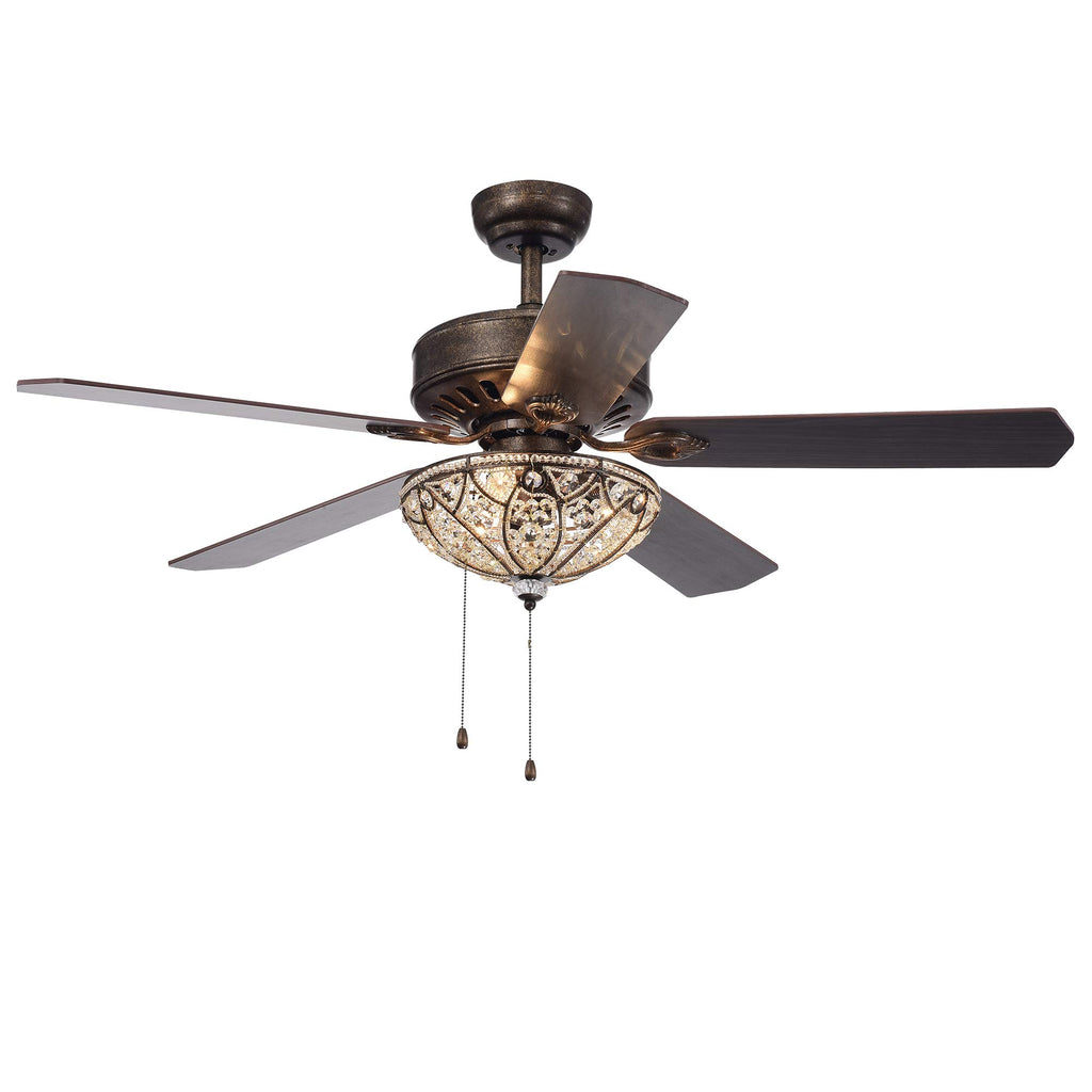 Gliska 52-Inch 5-Blade Rustic Bronze Lighted Ceiling Fans w Crystal Shade
