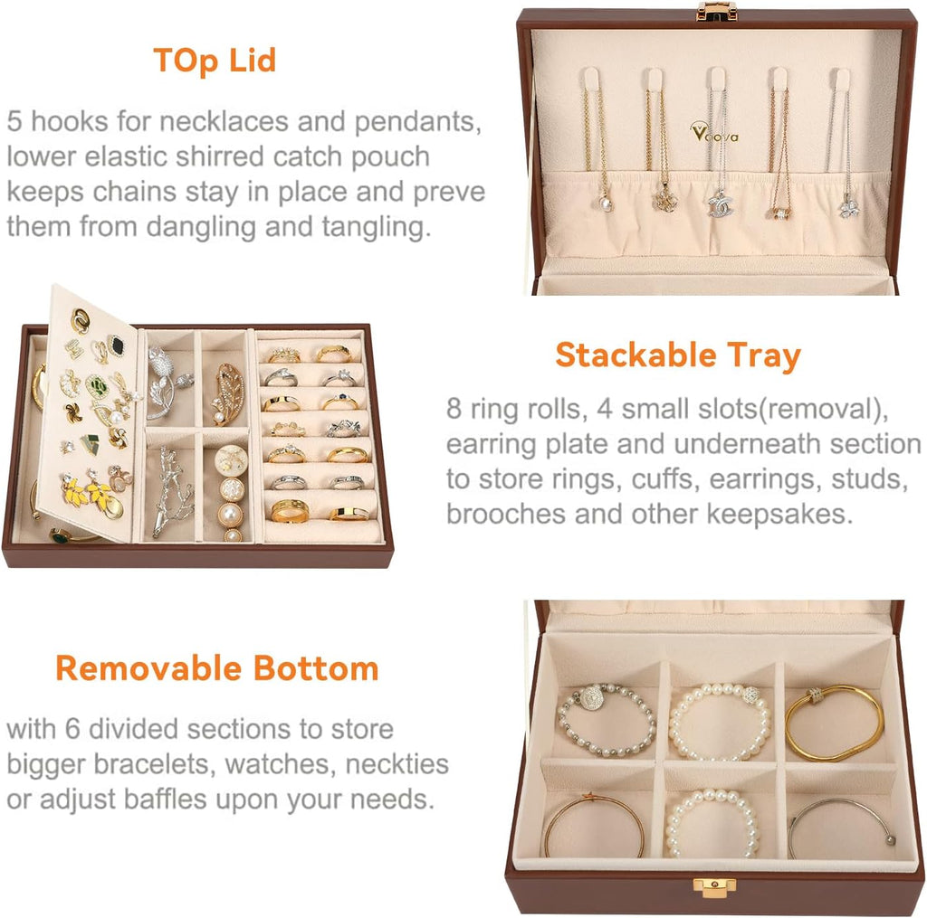 2 Layer Jewelry Box Organizer with Removable Tray, Vintage Gift, Coffee