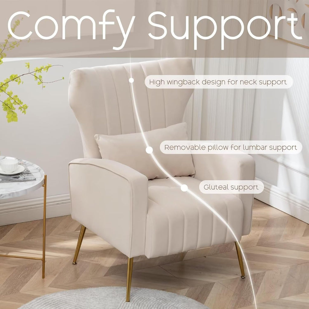 Velvet Accent Chair Set of 2,Wingback Armchair , HighBack Reading Chair with Golden Legs Lumbar Pillow, Upholstered