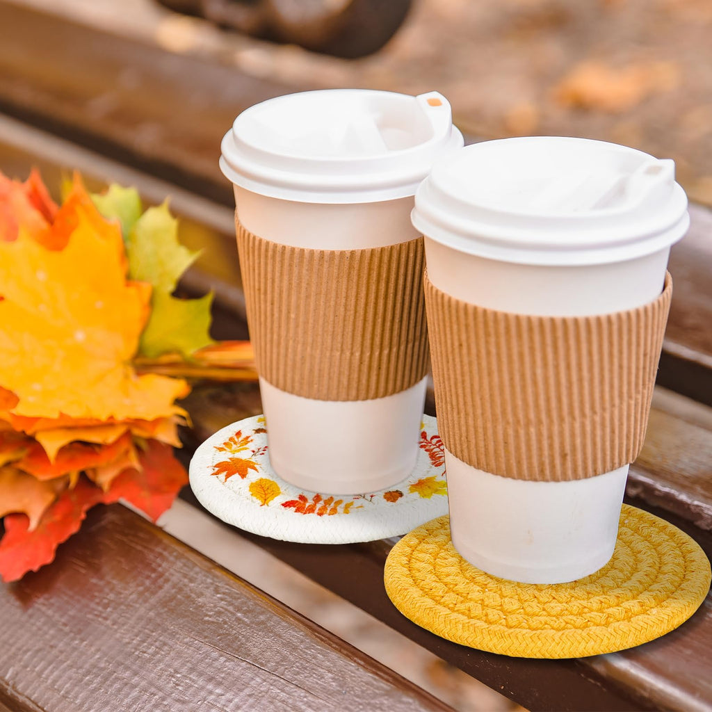 Fall Thanksgiving Coasters Maple Leaves Handmade Braided Cotton Drink Coasters Orange Yellow Non-Slip Absorbent Cup