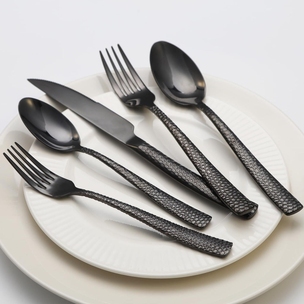 Black Hammered Silverware Set, 20 Piece Stainless Steel Flatware Set for 4, Food-Grade Tableware Cutlery Set