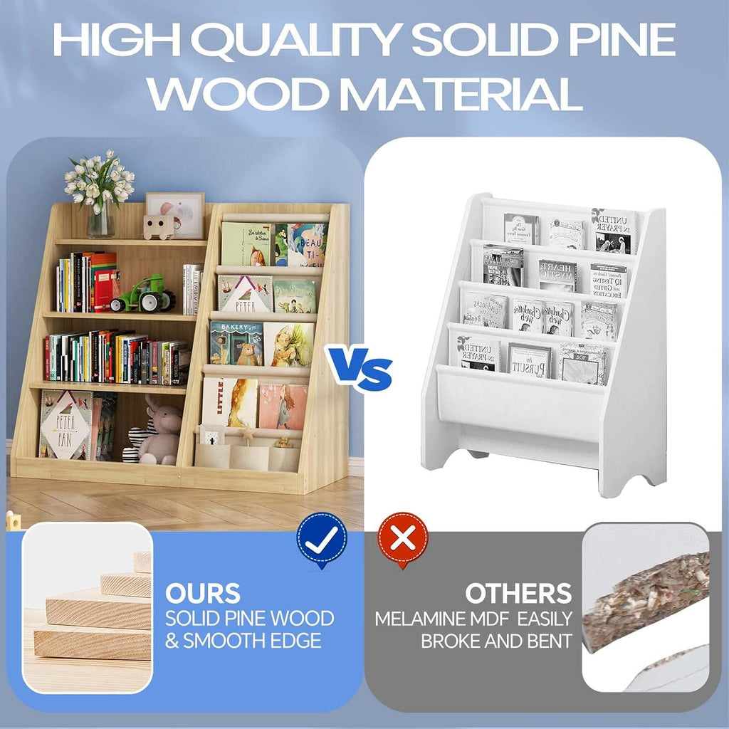 Kids Bookshelf and Toy Storage Organizer, 4 Tier Wooden Kids Book Shelf with Sling Book Rack in Kids Room Playroom