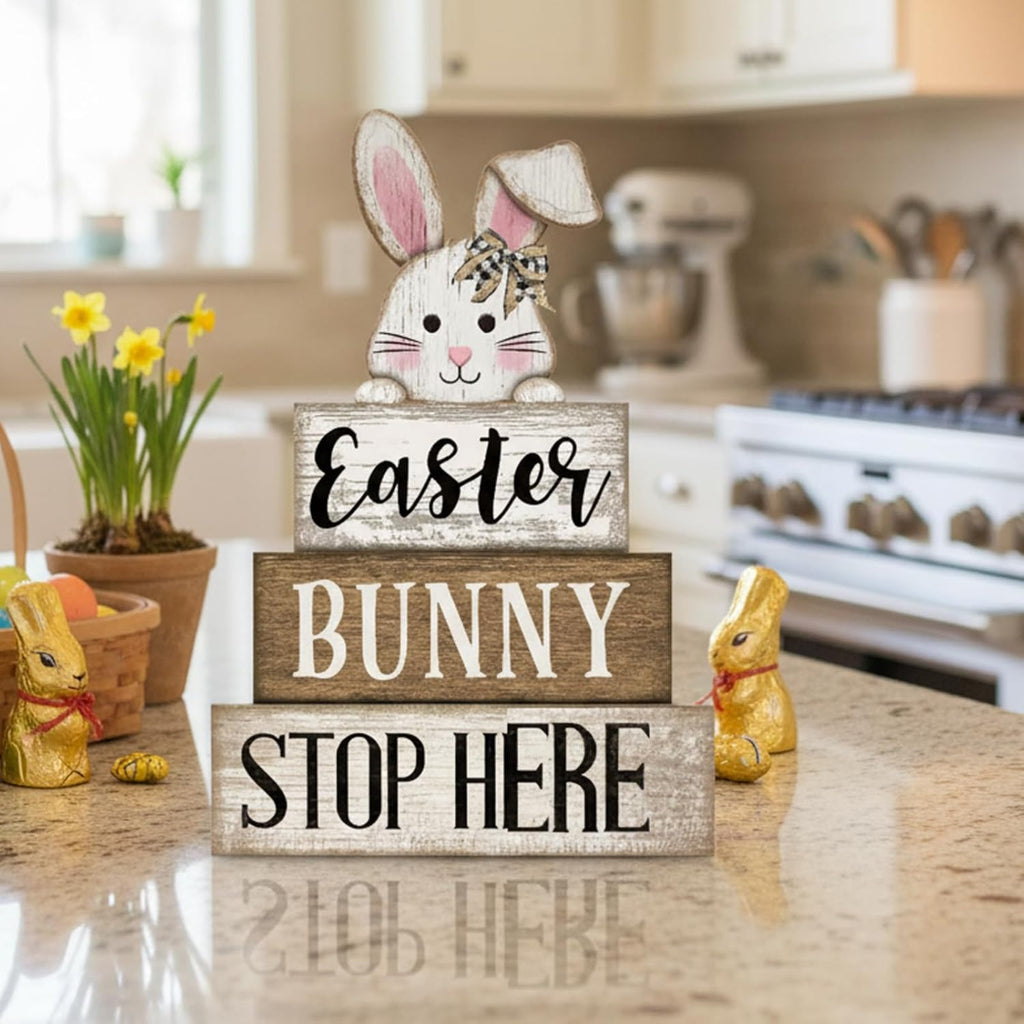 Easter Bunny Wood Signs Farmhouse Tiered Tray Table Decor - Set of 4