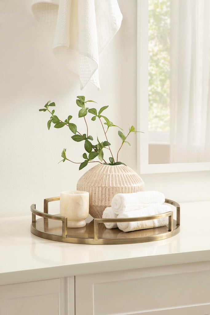 Gohana Round Tray with Metal Handles; 16 Inch Diameter; Antique Brass; Modern Glam Serving Tray with Handles for Use