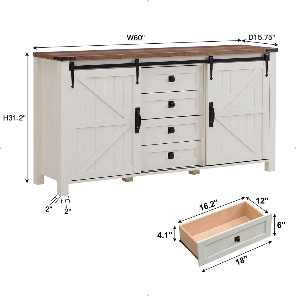 60-Inch Farmhouse Dresser with 4 Drawers and Sliding Barn Doors