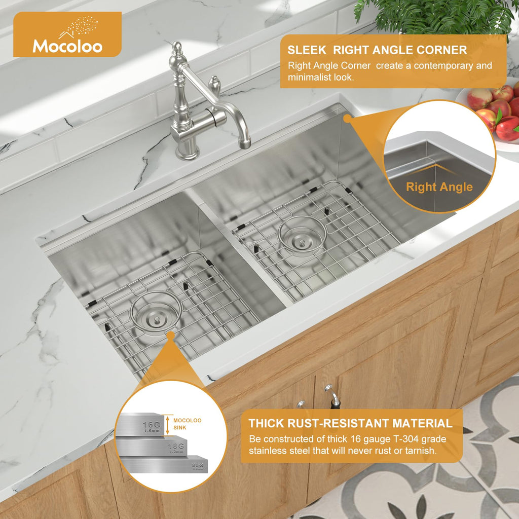 Double Bowl Kitchen Sinks - 50/50 Undermount Double Bowl 16 Gauge Low Divide Workstation 33 x 19 Inch Stainless Steel