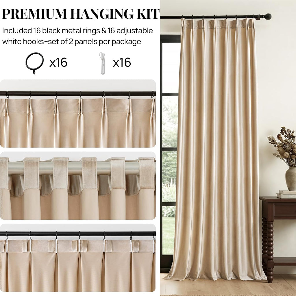 Beige Champagne Velvet Curtains 84 Inch: Pinch Pleated 2 Panels Luxury Living Room Darkening Thermal Insulated Drape