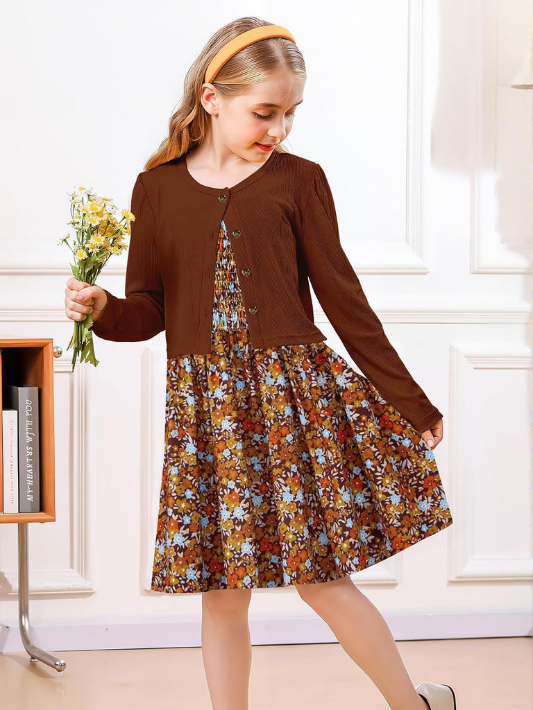 Girls Casual Adjustable Strap Sleveless Dress Cardigan Set