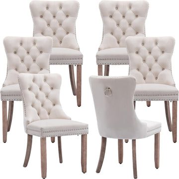 Beige Velvet Dining Chairs Set of 6, Tufted Kitchen & Dining Room Chairs
