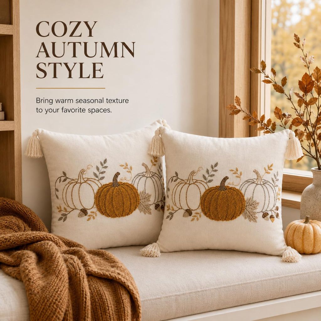 Fall Pumpkin Pillow Covers 18x18 Set of 2, Boho Neutral Pumpkin Decor