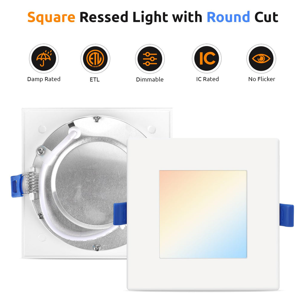 12 Pack 6 Inch Square LED Recessed Lighting, 13W, 5CCT, Ultra-Thin