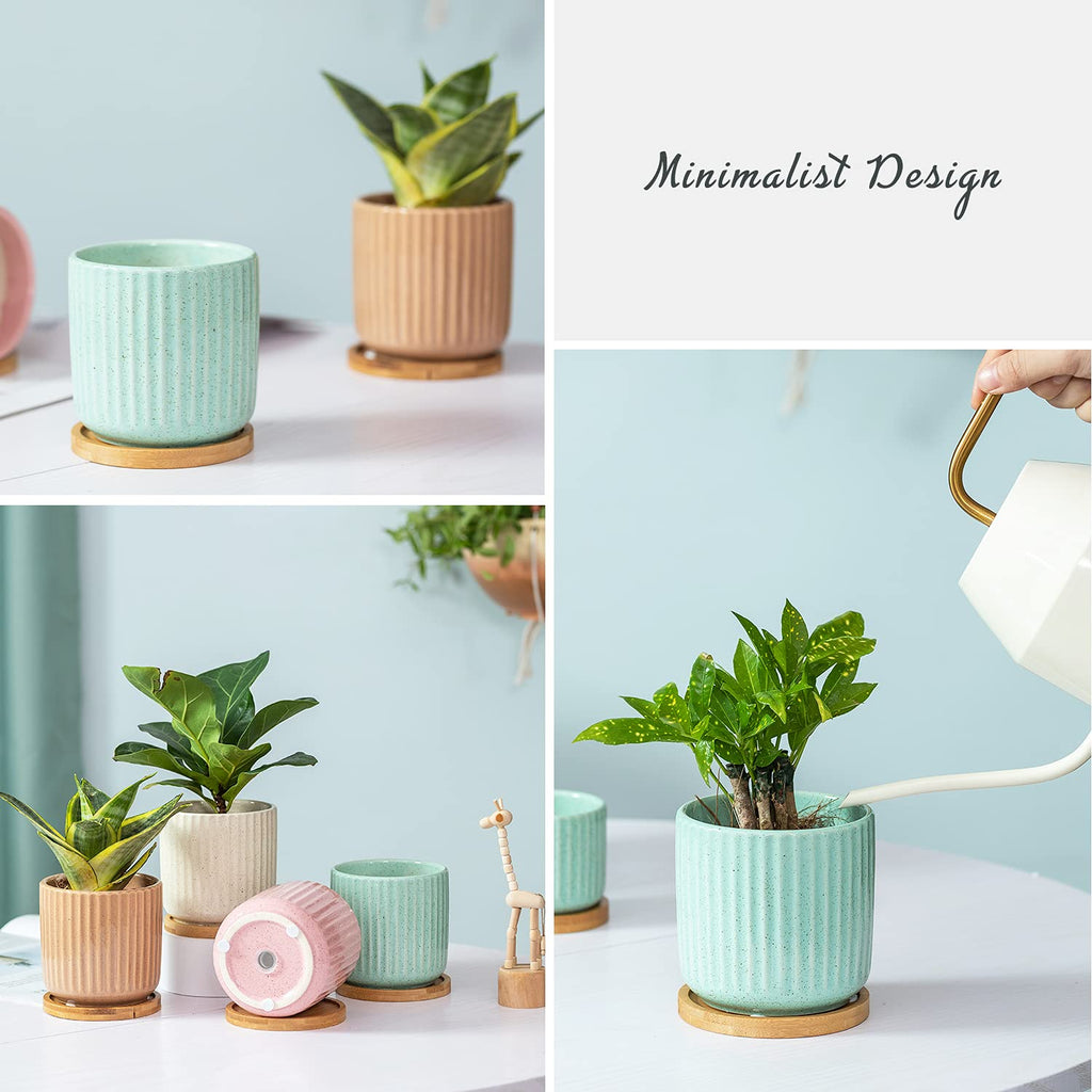 4 Inch Cylinder Ceramic Boho Plant Pots with Drainage Hole and Saucer, Glazed Vertical Pattern Multicolor Flower Pots