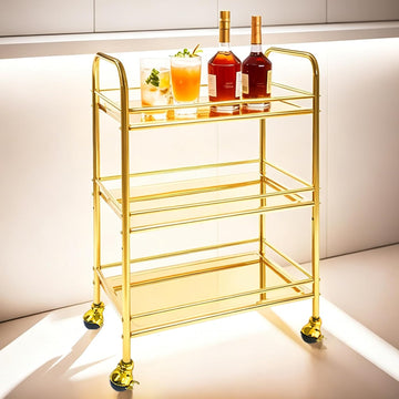 3-Tier Gold Stainless Steel Bar Cart with Lockable Wheels,Home bar | Wheels upgrated,Electroplated golden