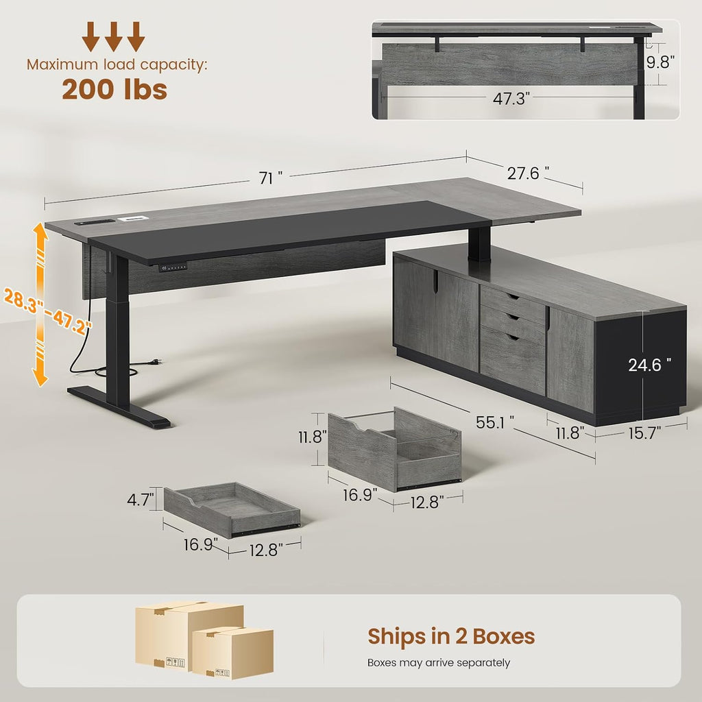 71" Executive Large L Shaped Electric Standing Desk, Grey | Height Adjustable Executive Desk with 3 Drawers and