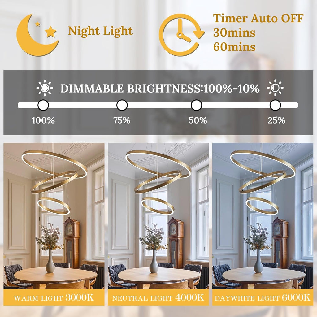 LED 3-Ring Chandelier Gold Dimmable Modern Pendant Light with Remote Control Vintage Brass LED Circle Chandelier for Dining Room Entry Foyer Bedroom Living Room,75W