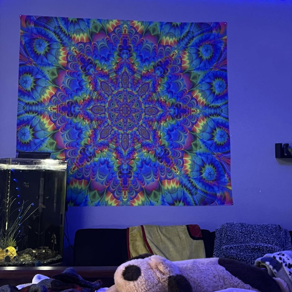 Blacklight Mandala Tapestry 90"x70" Large, Glow In The Dark UV Reactive Psychedelic Bohemian Wall Hanging, Colorful