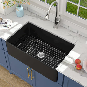 33 Inch Firclay Black Farmhouse Sink Apron Front Porcelain Ceramic Single Bowl Farm Style Sink 33x20x10 Inch