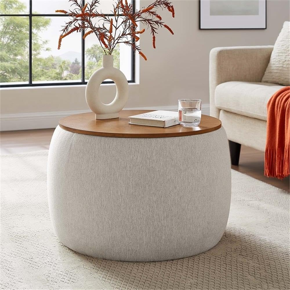 Perla 26 Inch Round Storage Ottoman with Tray Lid in Ivory Fabric -Heathered Fabric Ottoman - Versatile Footrest