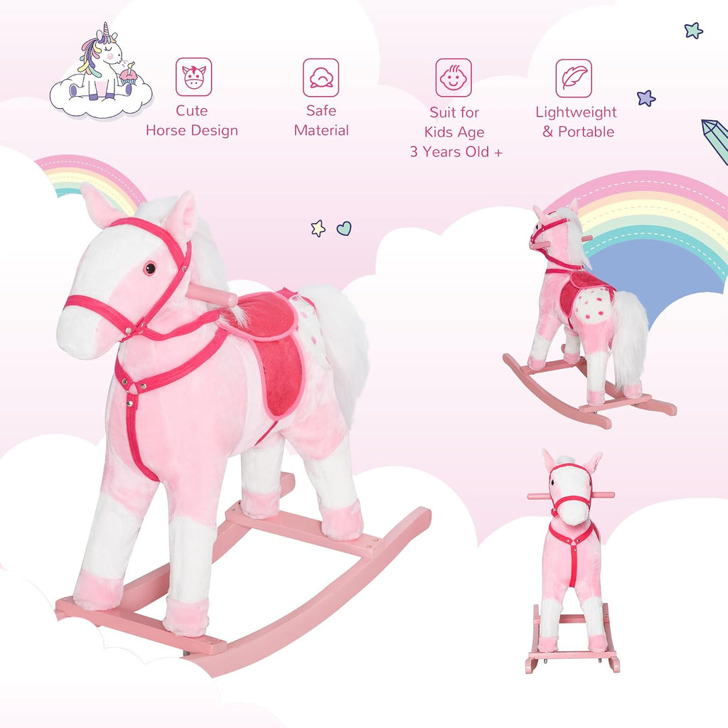 Kids Rocking Horse Plush Ride On Toy with Realistic Sounds, Pink