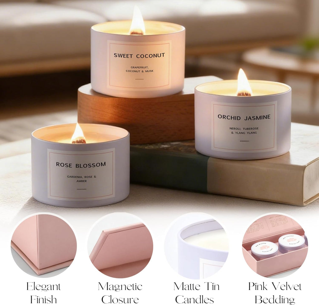 Luxury Candle Gift Set for Women - Luxury Candle Box with 3 Scented Soy Candles in Pink Box - Mother's Day, Birthday - Set of 3