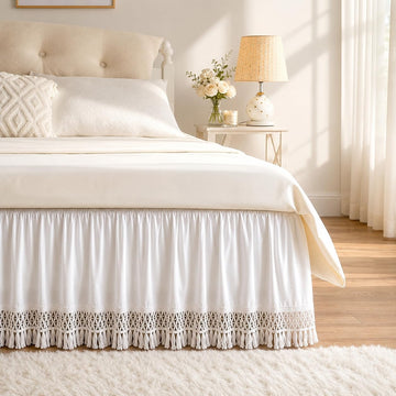 Tassel Trim Bed Skirt Queen 15" Drop, Elastic Wrap Around Bedskirt
