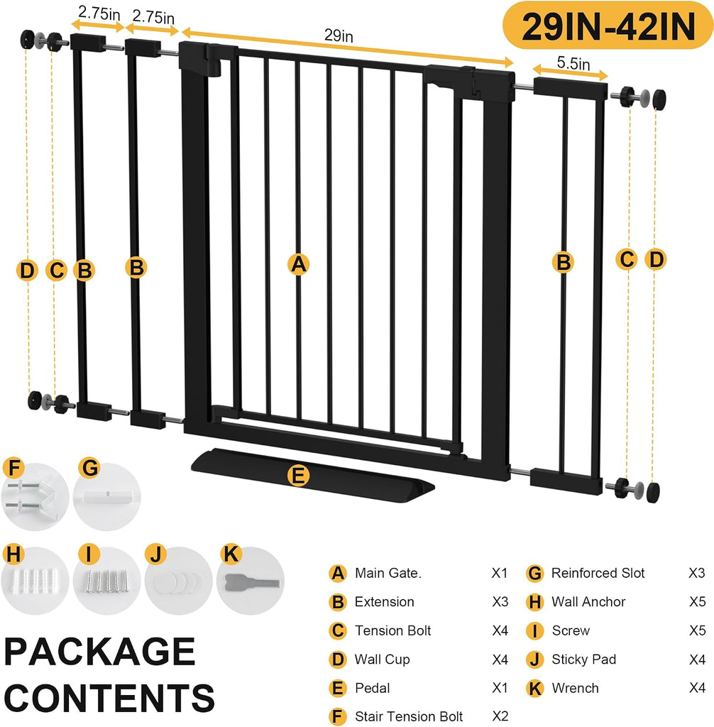 29-42 inches Metal Baby Gate for Stairs/Doorways, 30 inches Tall Pressure Mounted Pet Gates, Auto-Close Child Safety