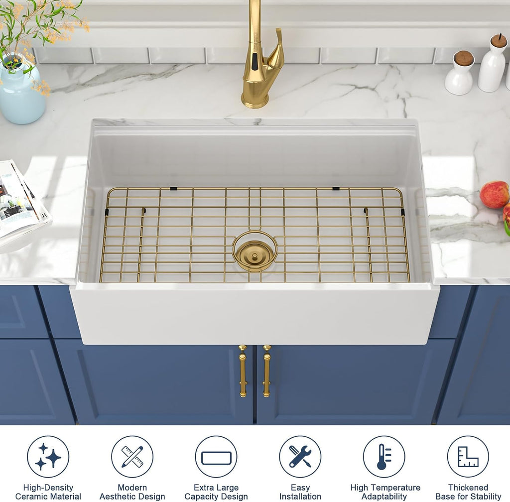 33 Inch White Farmhouse Kitchen Sink Workstation Fireclay Porcelain Ceramic Apron Front Farm Sink Deep Single Bowl