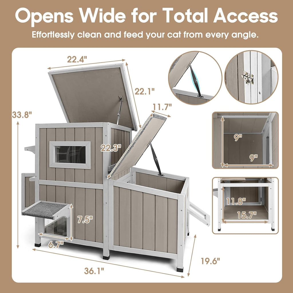Outdoor Cat House for 2-3 Cats, 2-Story Weatherproof Wooden Cat Shelter with Feeding Station, Openable Asphalt Roof