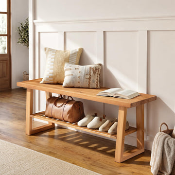 43" Pine Wood Entryway Bench with Shoe Storage Shelf